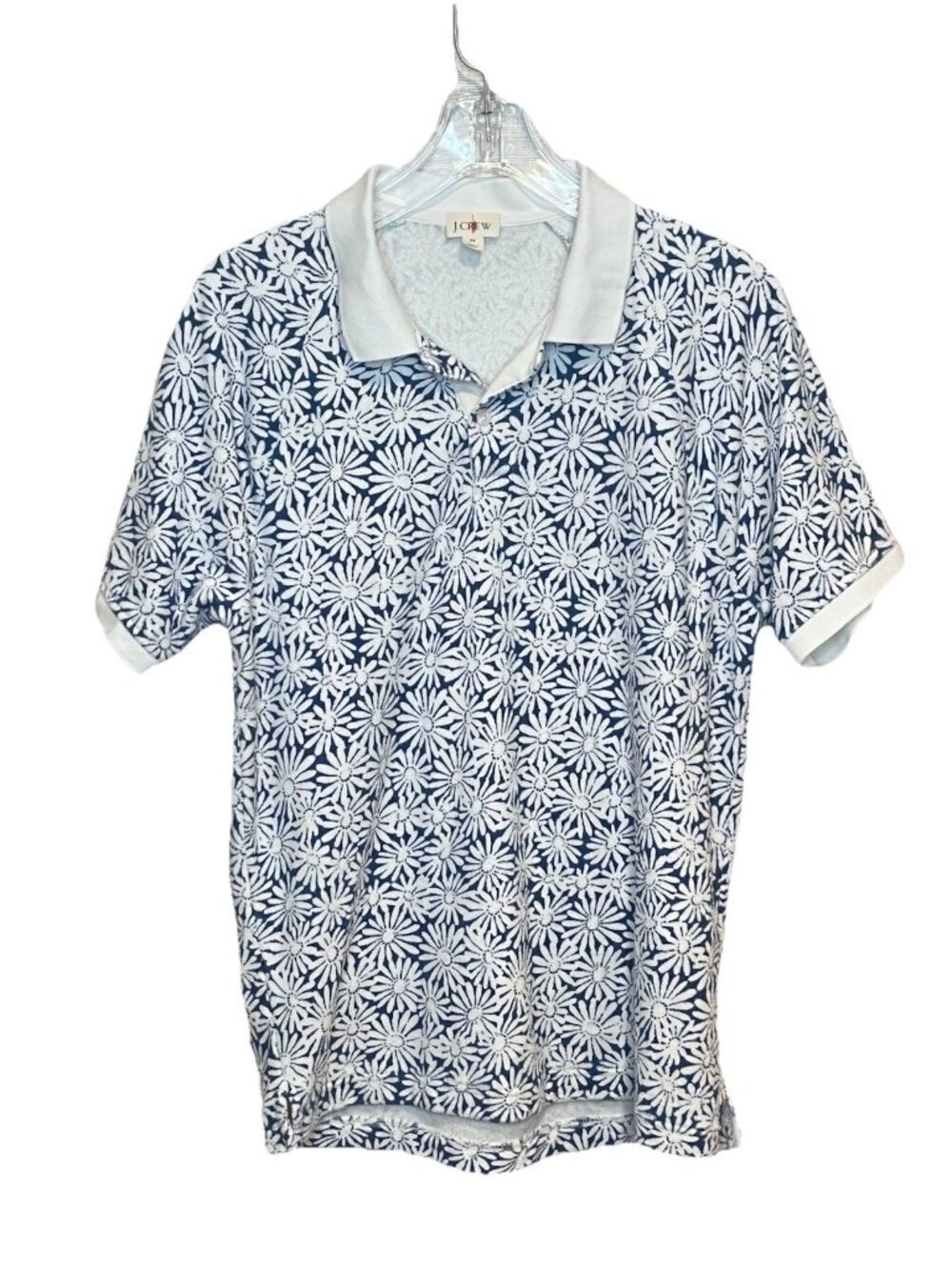 J Crew Mens Terry Cloth Polo Shirt M Blue White Floral Print Short Sleeve Preppy